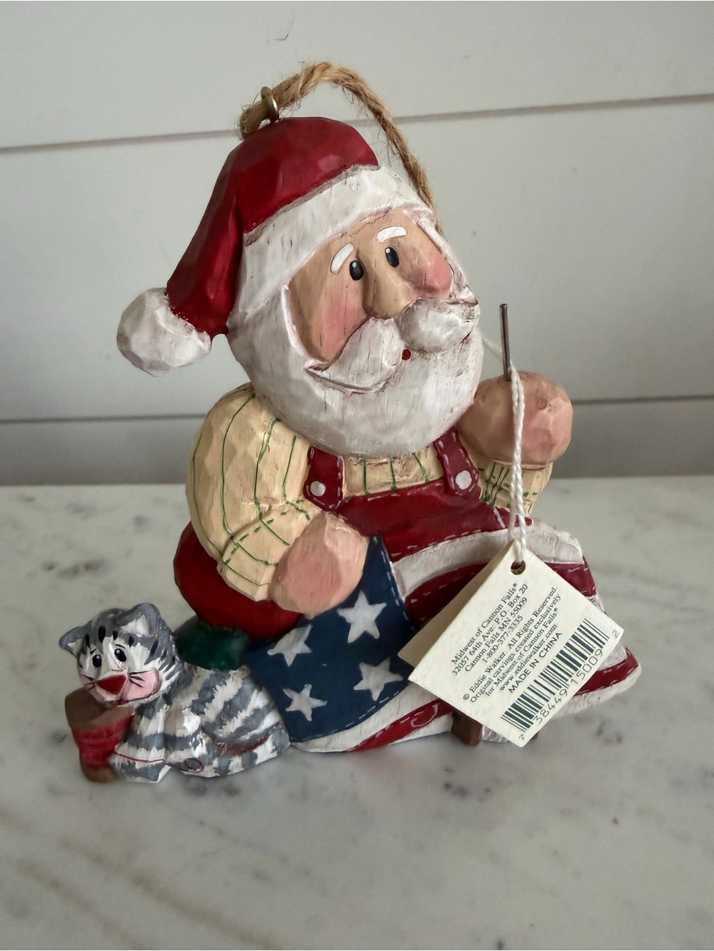 Eddie Walker 2002 Santa Sewing Flag with Cat Christmas Ornament